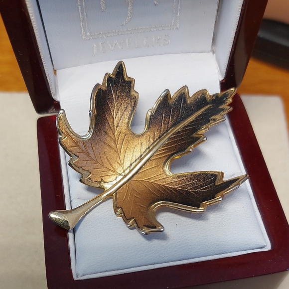 Jewelry - Vintage Brown Ombre Enamel Goldtone Maple Leaf Brooch